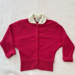 Vintage 1940s 1950s Knit Lofties Dark Pink Sweater with Angora Collar Xs to Sm